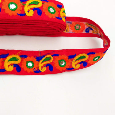 Red Floral Mirrored Trim With Orange Flowers And Yellow Paisley Embroidery, Decorative Trimming, Trim By 3 Yards